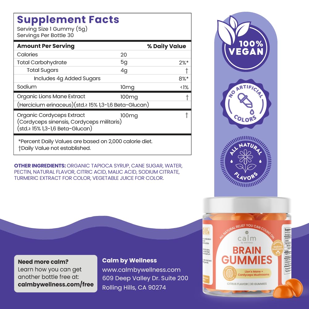Calm by Wellness Lion’s Mane Gummies for Adults – Vegan Mushroom Gummies with Lion’s Mane & Cordyceps for Brain Support, Memory & Focus, Immune Boost – Citrus Flavor, 30 Count Calm by Wellness uk supplements
