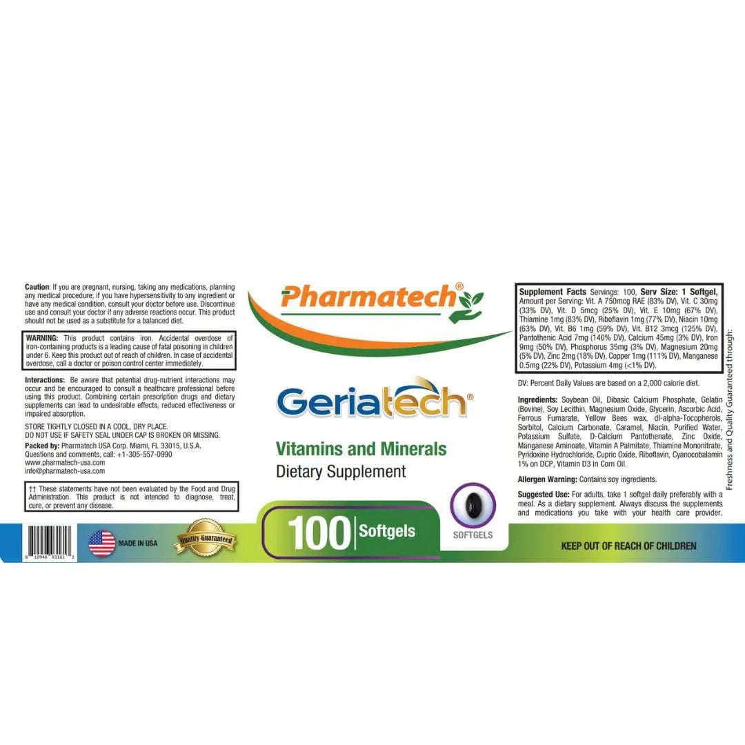 Geriatech Senior multivitamins, Vitamins and Minerals Supplement, Women and Men Over 60, with Vitamin B12, Easy to Swallow Geriatech uk supplements