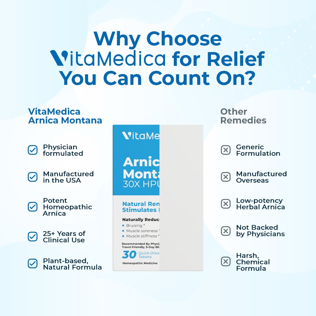 Arnica Montana 30X HPUS, Clinical Grade, Quick Dissolve Tablets, Five-Day Recovery Pack for Pain and Bruise Relief After Surgery or Injury, Natural Healing, Gentle on The Stomach - 30 Count VitaMedica uk supplements