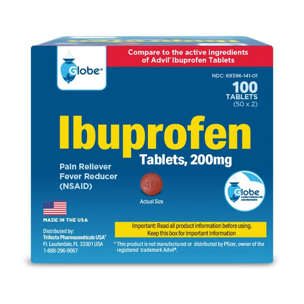 Globe Ibuprofen Tablets, 200 mg, Pain Reliever and Fever Reducer, for Headache, Muscular Aches, Arthritis, Backache and More 50 Packets of 2 Tablets Each,100 Tablets Trifecta Pharmaceuticals USA uk supplements