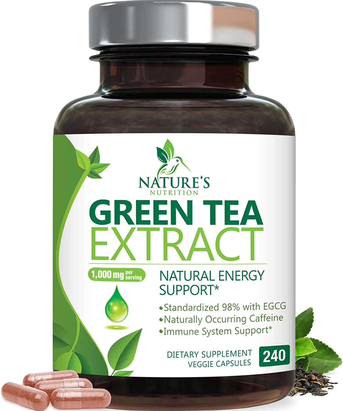 Green Tea Extract Capsules 1000mg 98% Standardized EGCG - 3X Strength for Natural Nature's Nutrition uk supplements