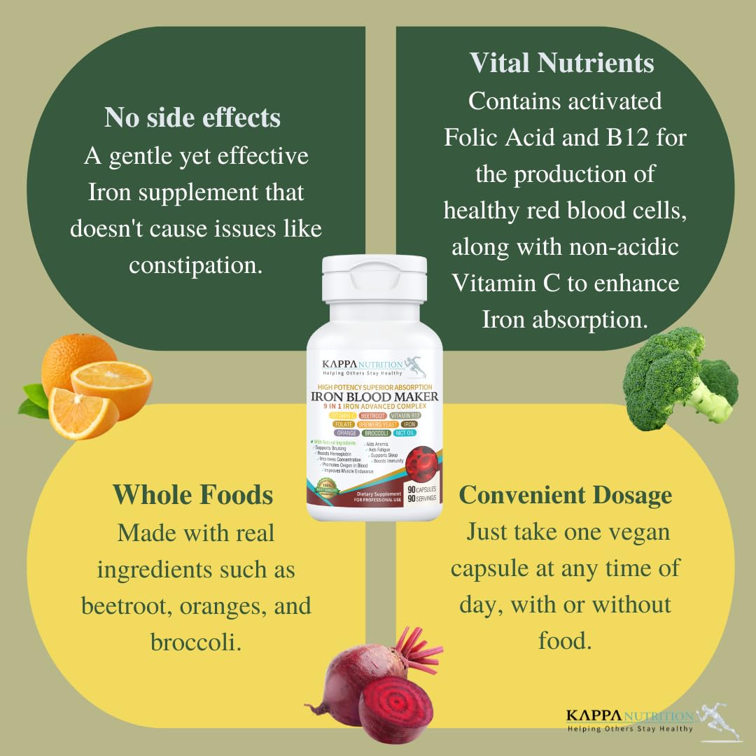 KAPPA NUTRITION Iron 26mg, Vitamin C & Orange 150mg, Folate 667mcg DFE, Vitamin B12, Beetroot, Brewers Yeast, Broccoli & MCT Oil 9 in 1 Advanced Complex (90 Capsules) KAPPA NUTRITION uk supplements