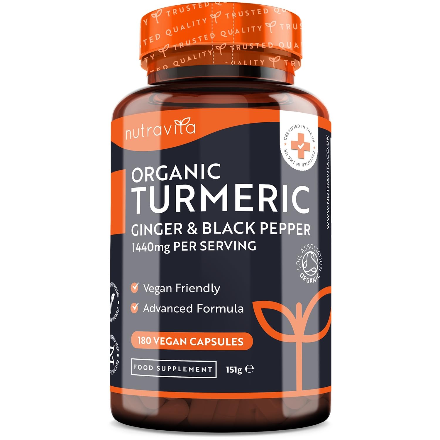 Organic Turmeric 1440mg (High Strength) with Black Pepper & Ginger - 180 Vegan Turmeric Nutravita uk supplements