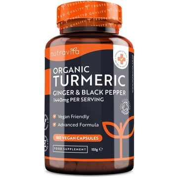 Organic Turmeric 1440mg (High Strength) with Black Pepper & Ginger - 180 Vegan Turmeric Nutravita uk supplements