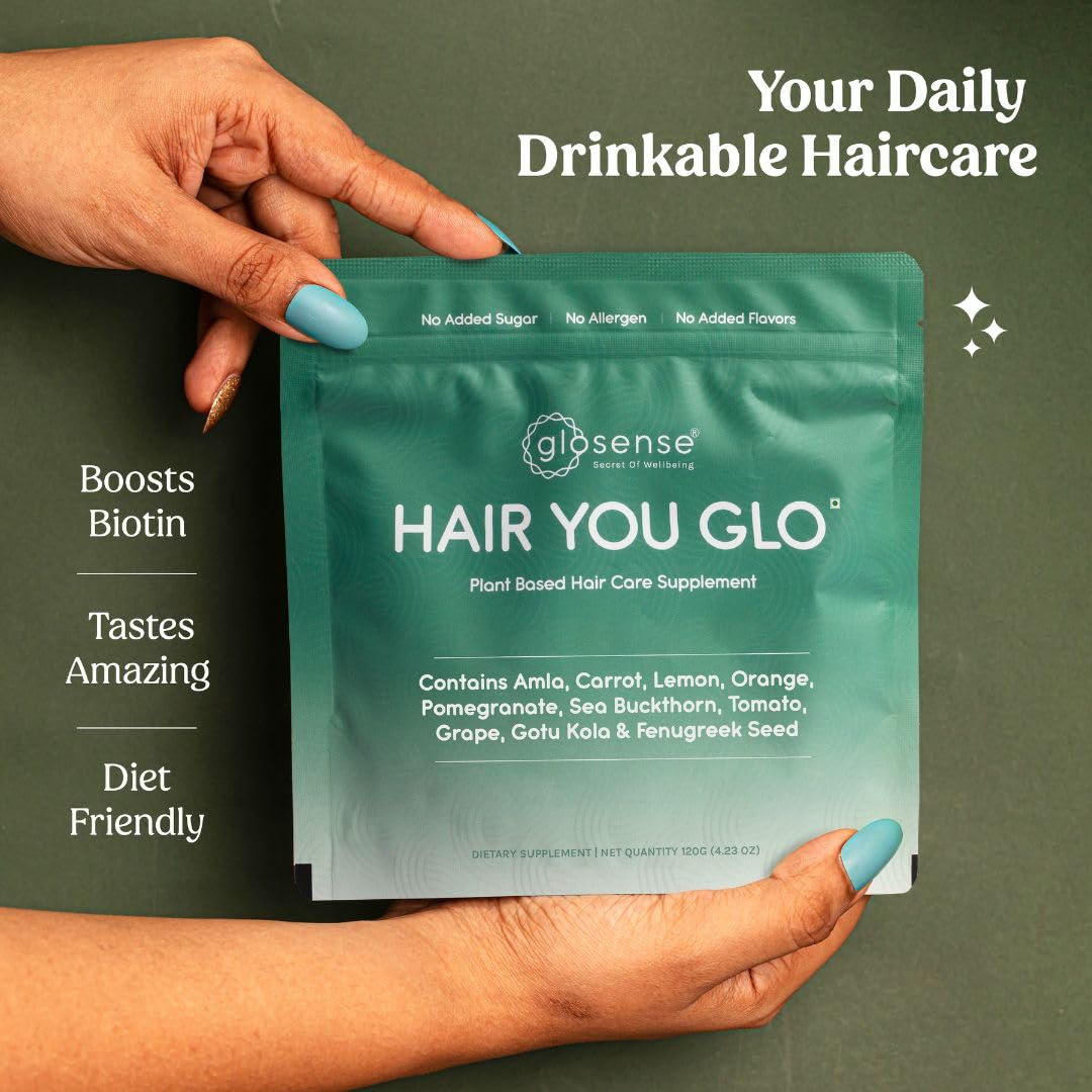Glosense Hair You Glo – Plant-Based Biotin Supplement | Hair Growth Drink | Natural Hair Vitamins Powder with Amla, Sea Buckthorn, Gotu Kola | No Added Sugar, No Added Flavours | 30 Servings Glosense uk supplements