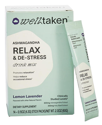 WellTaken Ashwagandha Relax & De-Stress Powder - Lemon Lavender 14ct Box - 600mg Ashwagandha, 200mg L-Theanine, Holy Basil – Supports Stress, Relaxation – Vegan, No Added Sugar - 14 Servings WellTaken uk supplements