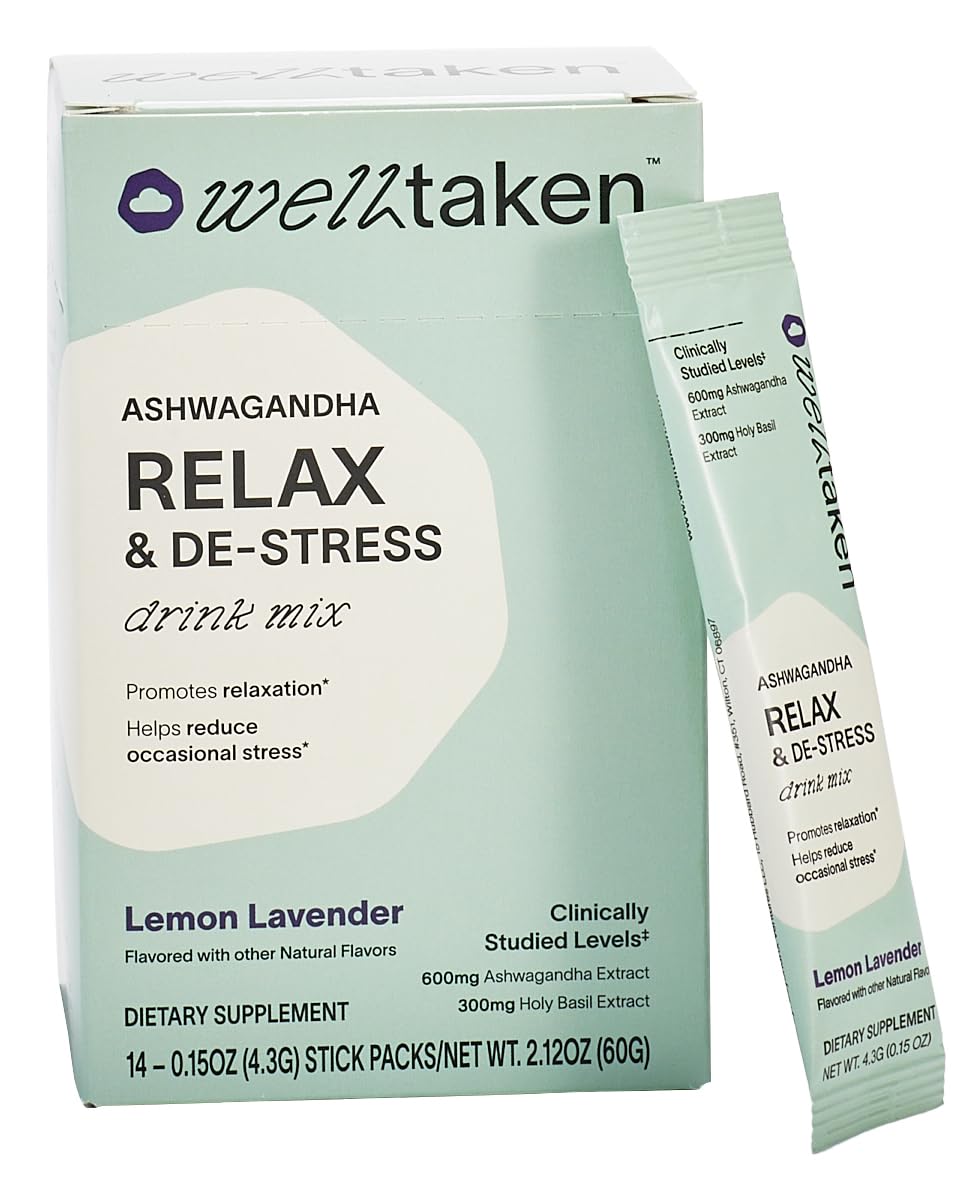 WellTaken Ashwagandha Relax & De-Stress Powder - Lemon Lavender 14ct Box - 600mg Ashwagandha, 200mg L-Theanine, Holy Basil – Supports Stress, Relaxation – Vegan, No Added Sugar - 14 Servings WellTaken uk supplements
