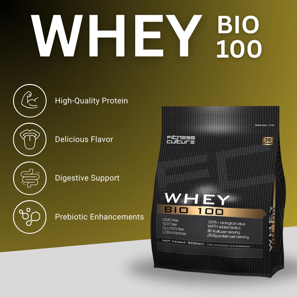 Fitness Culture Whey Bio 100 Whey Protein Powder with Pre and Pro Biotics Raspberry Flavour My Store uk supplements