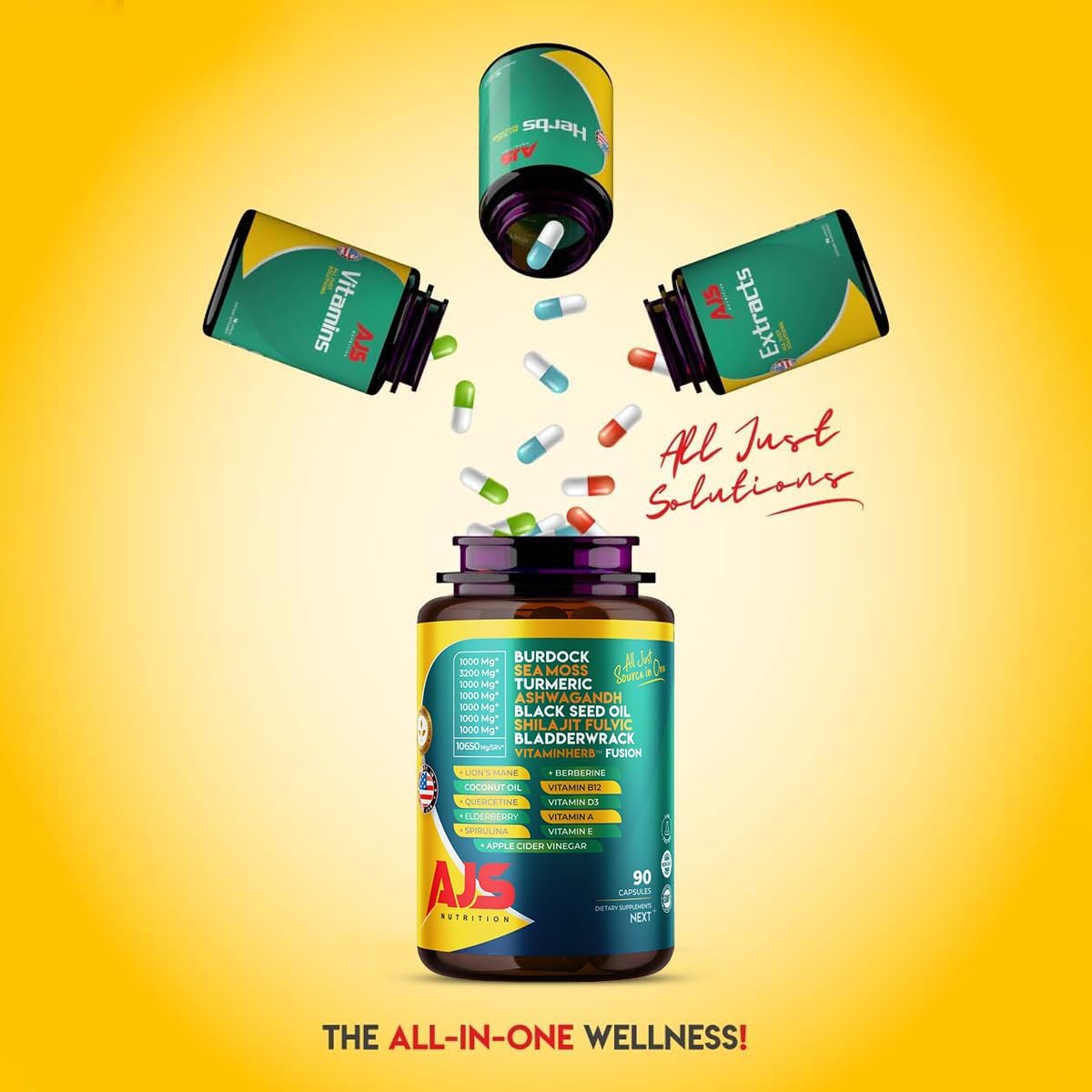 AJS Sea Moss Capsules 3200mg, Himalayan Shilajit 1000mg with Black Seed Oil, Ashwagandha, Turmeric, Bladderwrack, Burdock, Vitamins, Berberine, Lion’s Mane Mushroom, Elderberry- 90 Caps AJS Nutrition uk supplements