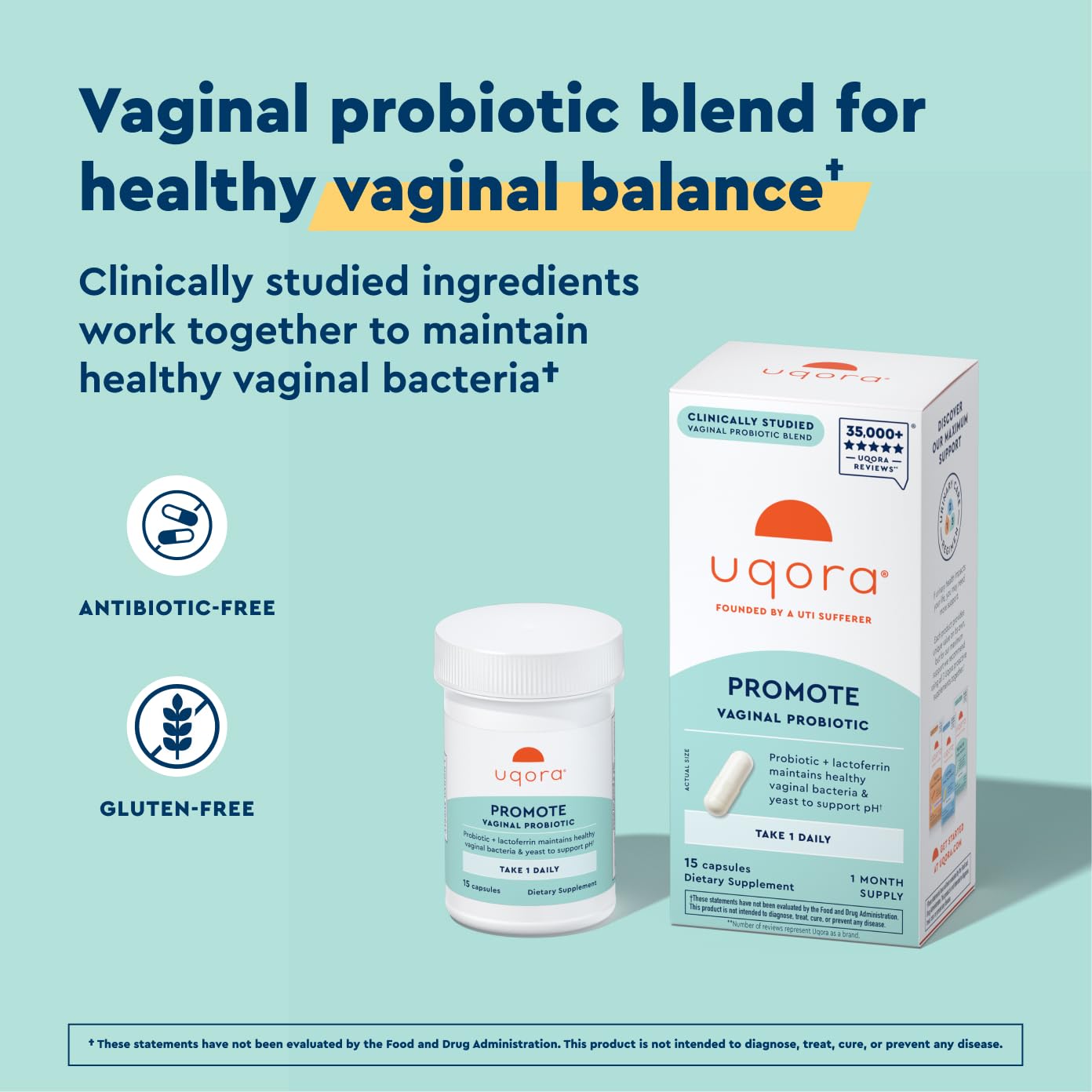Uqora Promote - Support Vaginal Health* - Probiotic for Women with Lactoferrin, Lactobacillus Acidophilus & Lacticaseibacillus Rhamnosus - Vaginal Probiotics - Gluten-Free - 15 Capsules Uqora uk supplements