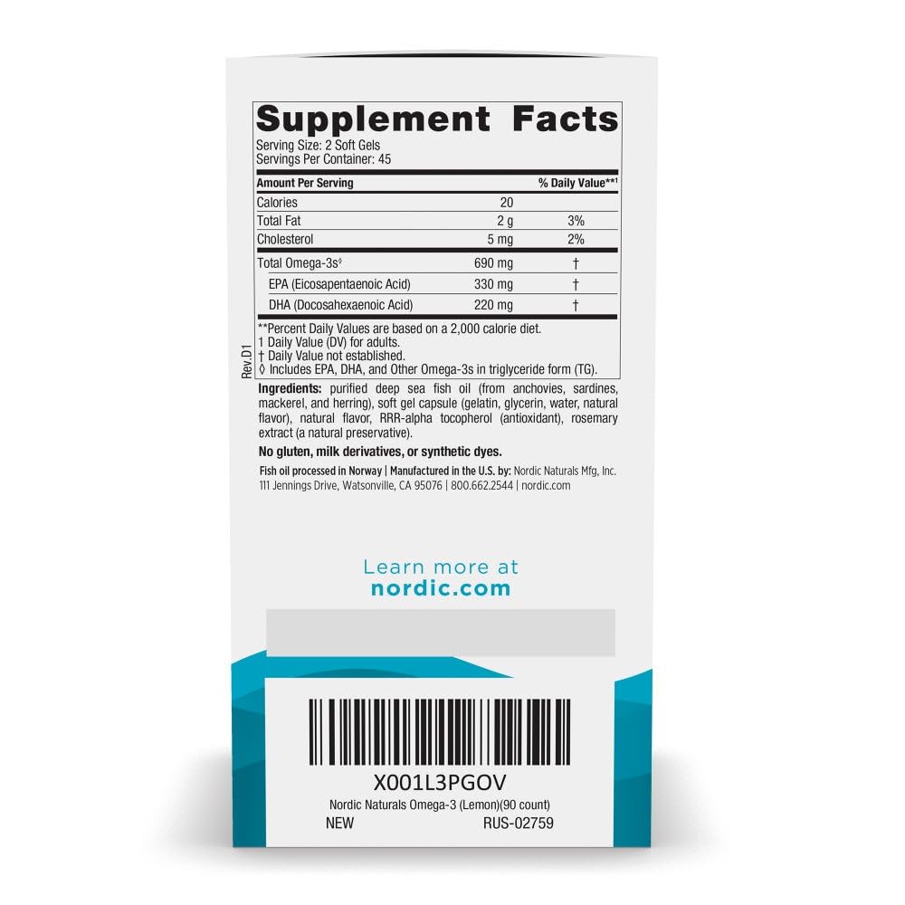 Nordic Naturals Omega-3, Lemon Flavor - 90 Soft Gels - 690 mg Omega-3 - Fish Oil - EPA & DHA - Immune Support, Brain & Heart Health, Optimal Wellness - Non-GMO - 45 Servings Nordic Naturals uk supplements