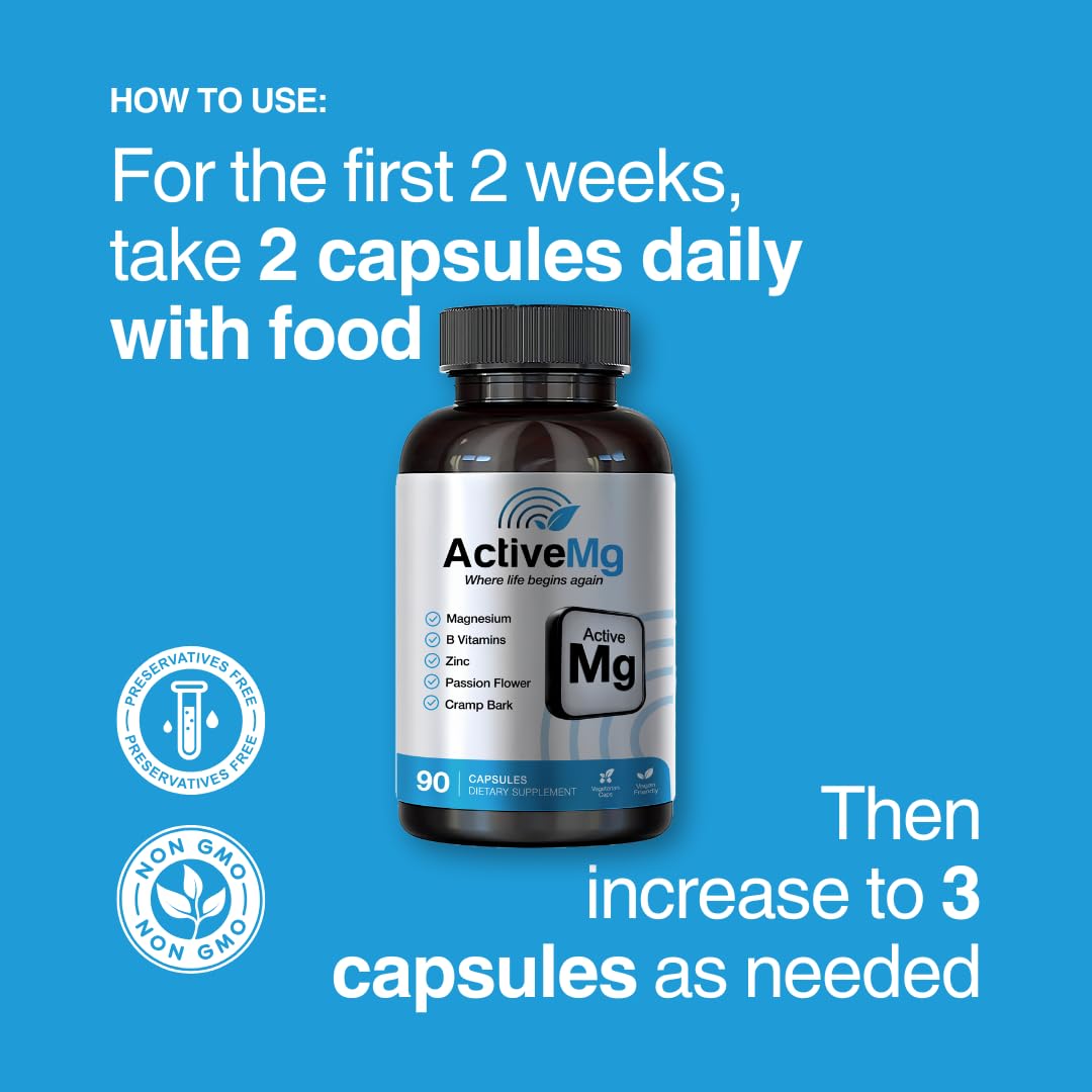 Active Mg Magnesium Supplement – 300mg Elemental Magnesium + Zinc & B Vitamins – Muscle & Nerve Support – 90 Vegan Capsules Migraine Stop uk supplements