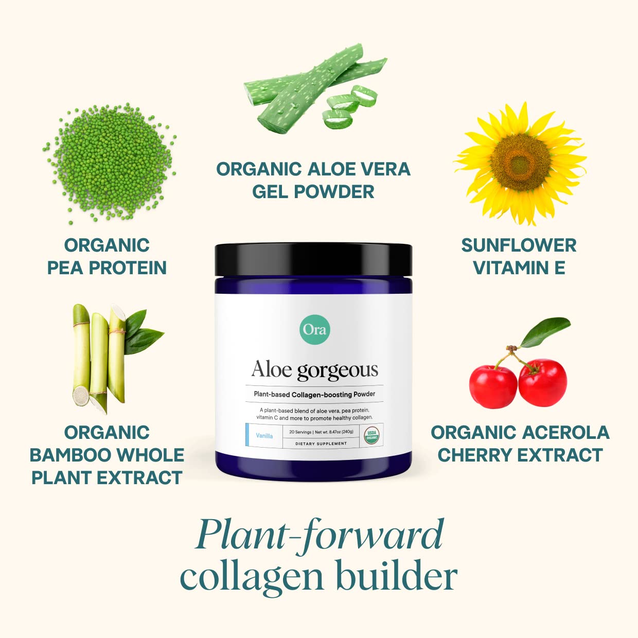 Ora Organic Vegan Collagen-Boosting Powder for Women and Men - Hair, Skin, & Nails Support - Bamboo Silica, Plant-Based Protein, Organic Vitamin C, Aloe Vera - Vanilla Flavor, 20 Servings Ora Organic uk supplements