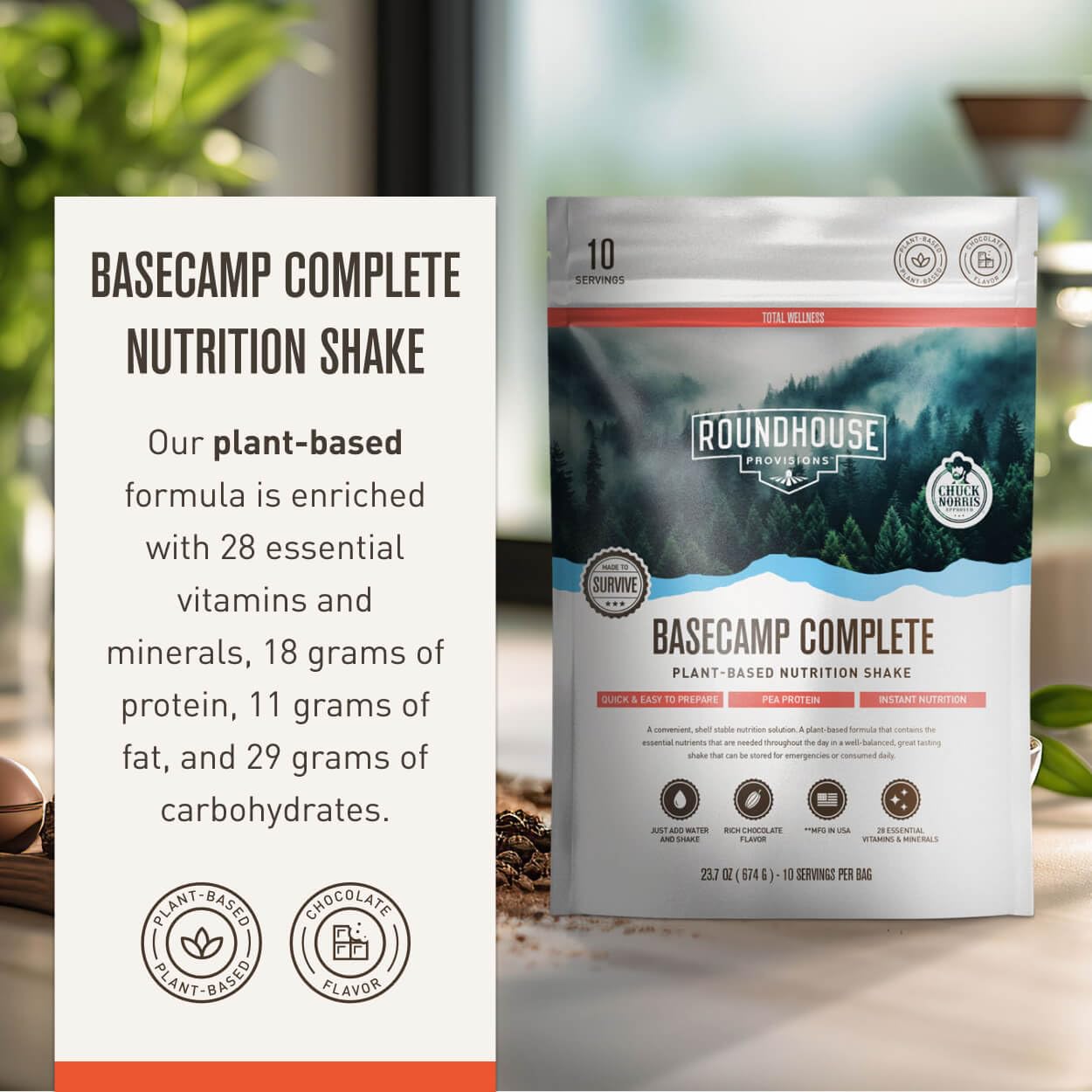 Basecamp Complete Nutrition Shake by Chuck Norris Roundhouse Provisions – Plant-Based Emergency Meal with 18g Protein & 28 Essential Nutrients – Rich Chocolate Flavor – 10 Servings, 3-Year Shelf Life ROUNDHOUSE PROVISION uk supplements