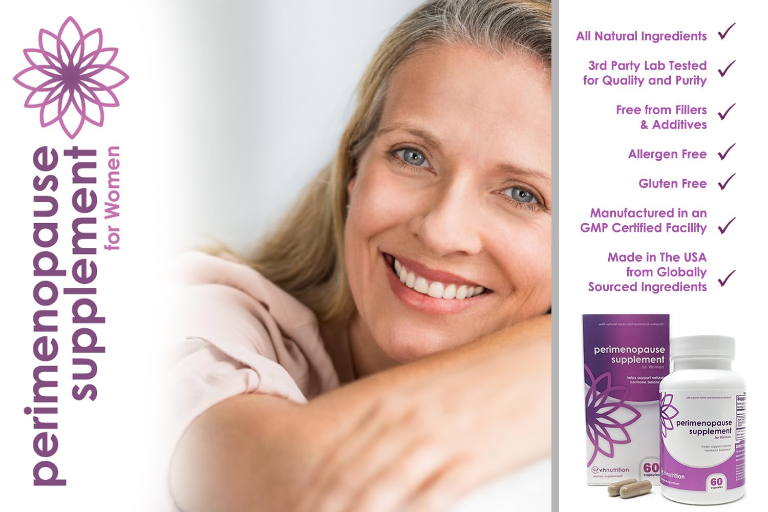 VH Nutrition Perimenopause Supplement for Women | Hot Flash, Mood, and Menstruation Cycle Support | 100% Herbal Formula: Black Cohosh, Vitex, & Shatavari. No Additives, or Fillers VH Nutrition uk supplements