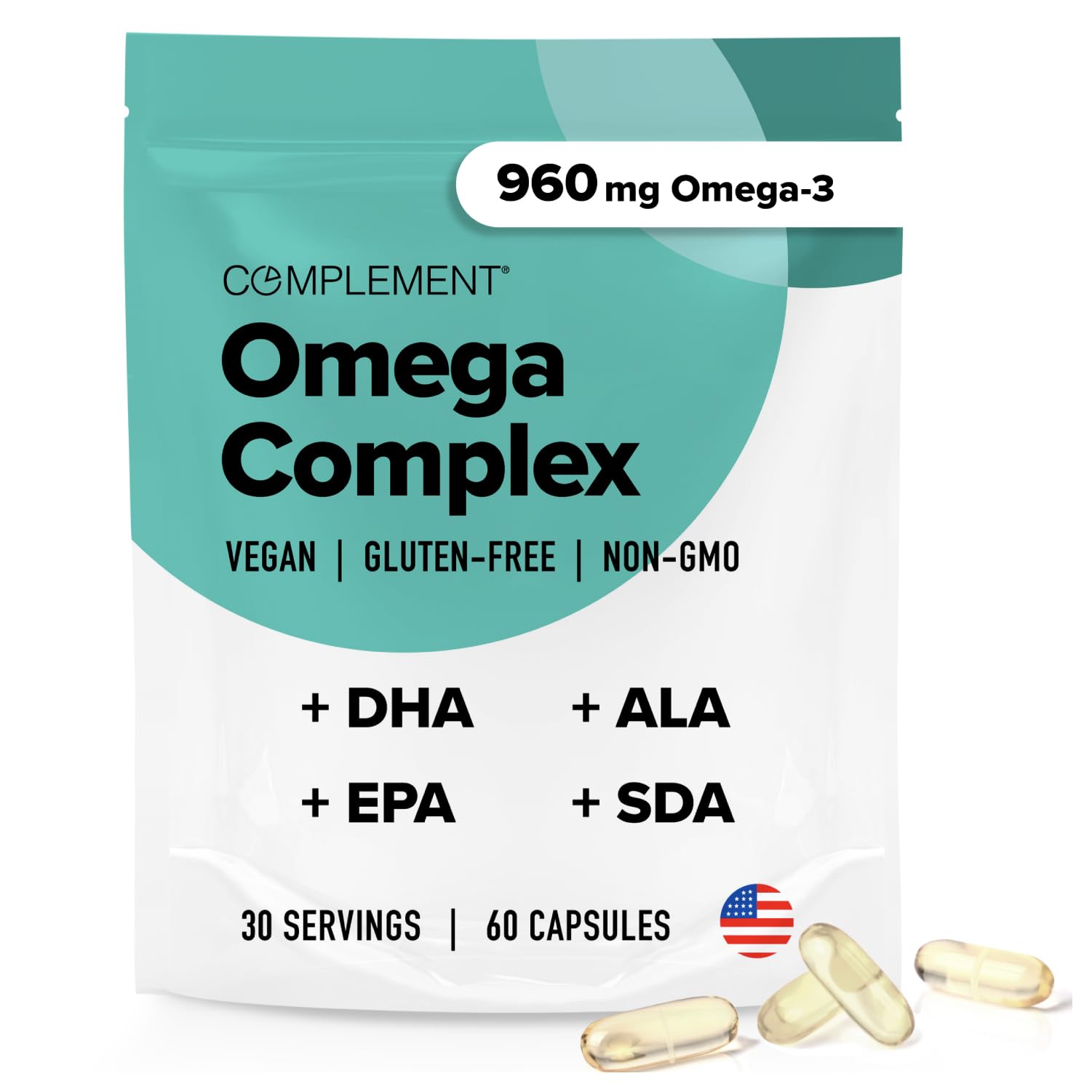 Vegan Omega 3 Supplement- 960mg Omega-3 Fatty Acids, DHA, EPA, SDA, ALA Supplement - Immune Support- 30 Servings, 60 Liquid Capsules Complement uk supplements