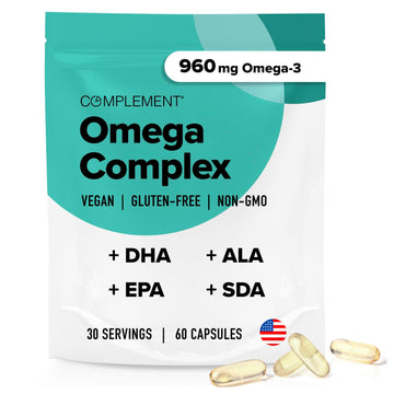 Vegan Omega 3 Supplement- 960mg Omega-3 Fatty Acids, DHA, EPA, SDA, ALA Supplement - Immune Support- 30 Servings, 60 Liquid Capsules Complement uk supplements