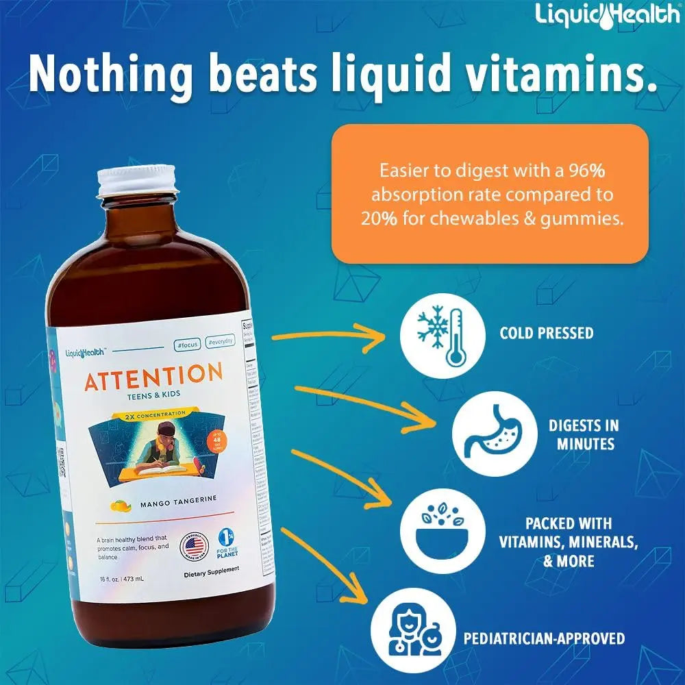 LIQUIDHEALTH Attention, Liquid Multivitamin for Kids & Teens - Improves Memory Retention, Concentration, Focus, Mood, Relaxation & Calming LIQUIDHEALTH uk supplements