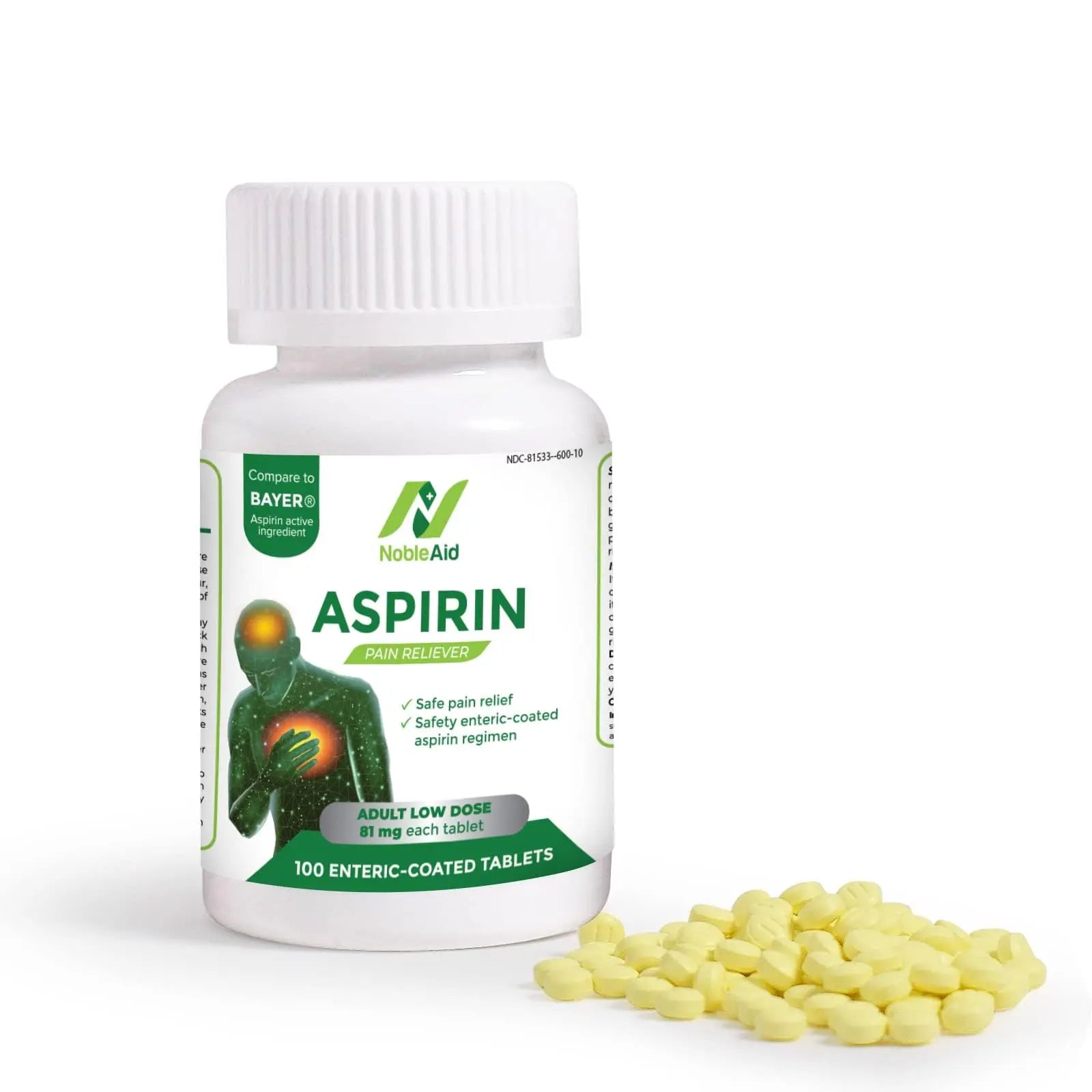 Pure Low Dose Baby Aspirin 81mg for Adults, 100 Count Enteric Coated Aspirin Tablets for Men and Women, Safe Relief for Symtoms Associated with Headache, Arthritis, Cramps NobleAid uk supplements