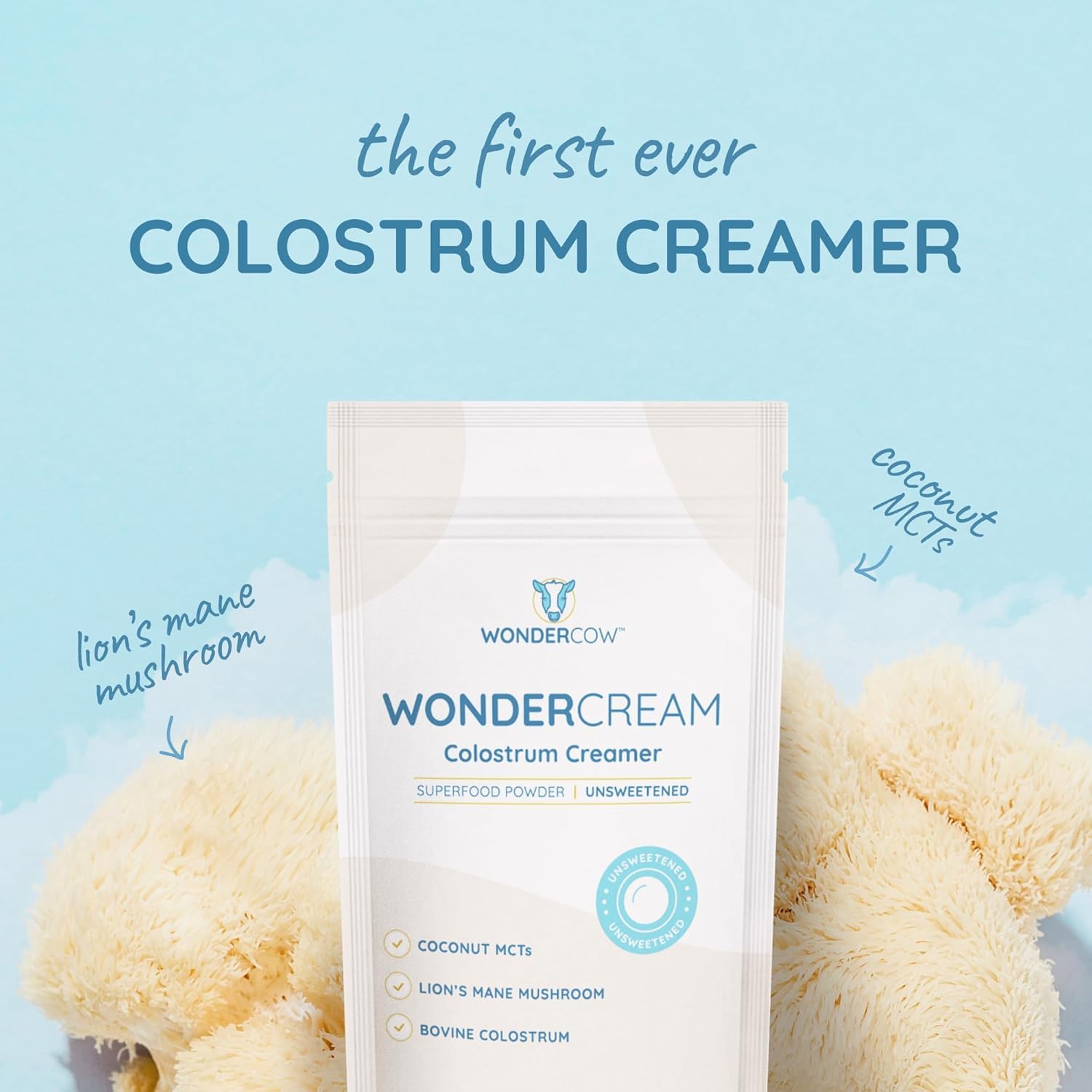 WONDERCOW Bovine Colostrum Superfood Creamer Supplement Powder w/Organic Lions Mane Mushroom & Coconut Milk Powder MCTs | Functional Sugar Free Keto Coffee, Smoothie & Drink Mix Unsweetened WONDERCOW uk supplements
