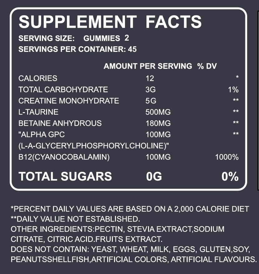 FlexPrime Creatine Gummies Sugar Free - 6g Creatine Monohydrate + L-Taurine, Alpha GPC, Betaine | Vegan Halal Blueberry Chews for Lean Muscle, Strength, Brain Health | Men Women 90 Count FlexPrime uk supplements