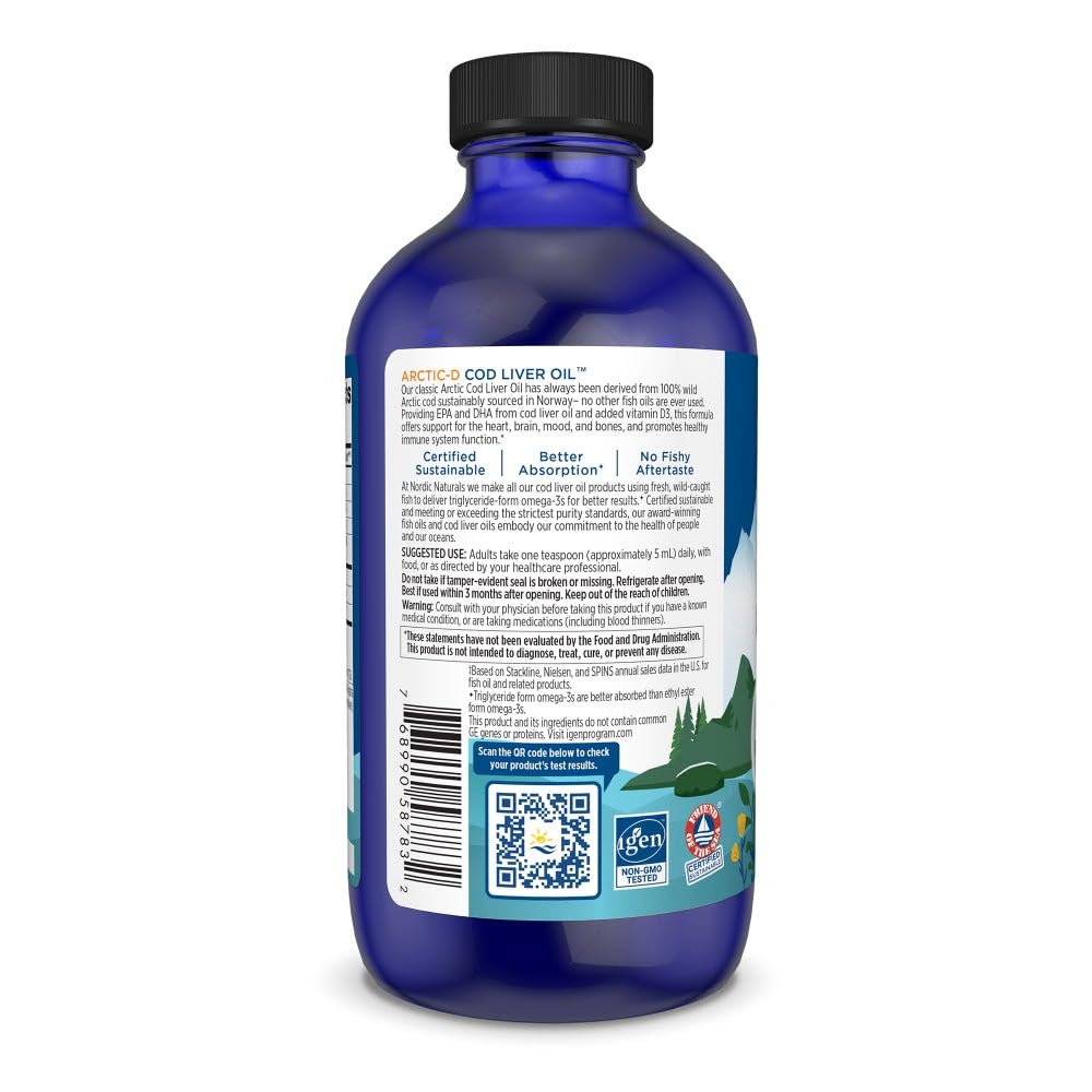 Nordic Naturals Arctic-D Cod Liver Oil, Lemon - 8 oz - 1060 mg Total Omega-3s + 1000 IU Vitamin D3 - EPA & DHA - Heart, Brain, Bone, Immune & Mood Support - Non-GMO - 48 Servings Nordic Naturals uk supplements