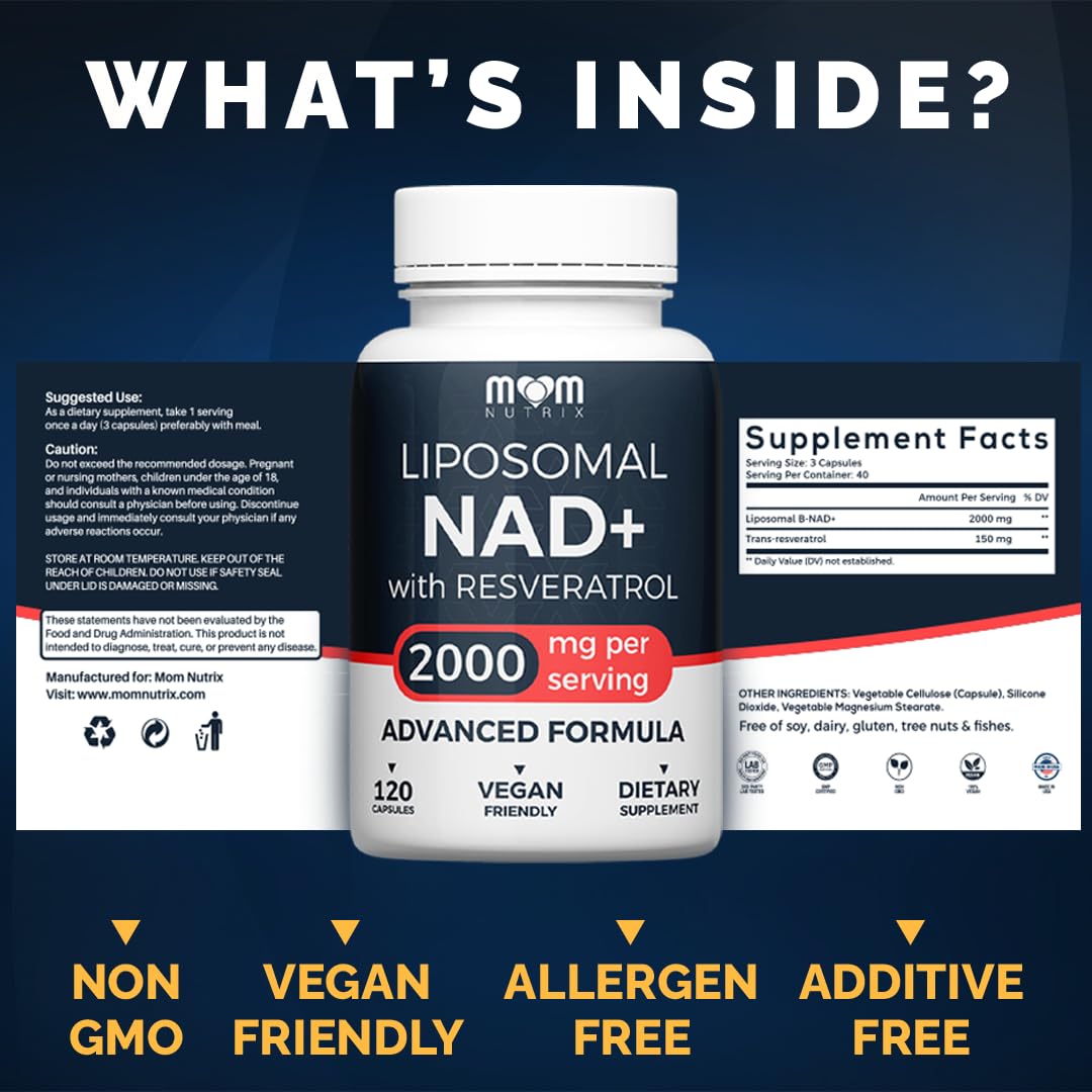 MOM NUTRIX Liposomal NAD Supplement with Resveratrol - High Purity NAD Plus 2000 mg, 120 Capsules, Made in The USA - NMN Alternative MOM NUTRIX uk supplements