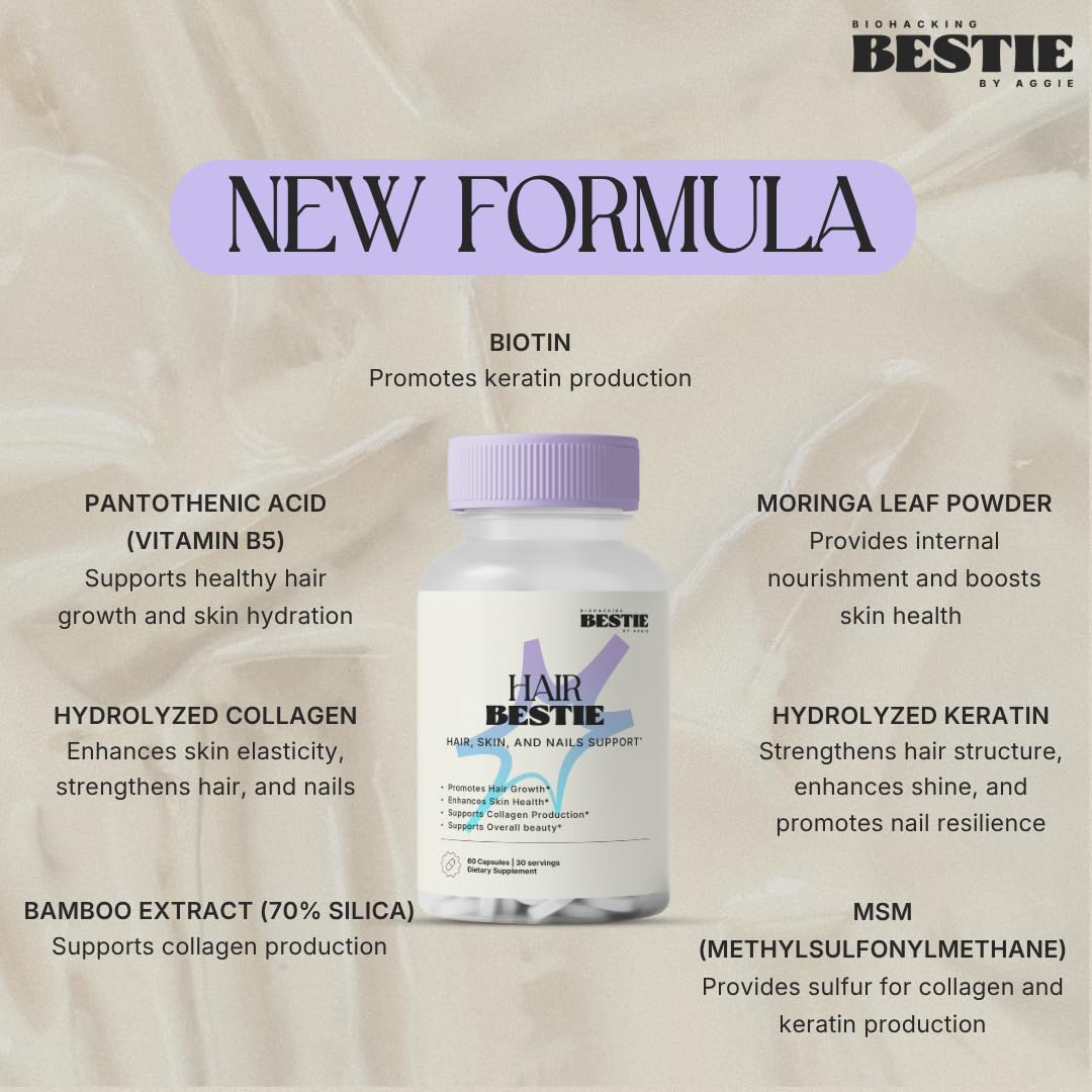Biohacking Bestie Hair Bestie for Women & Men - Hair Growth Supplement with Biotin, Collagen, Vitamin B5, & Keratin, Support for Skin Health & Nails - 60 Capsules Biohacking Bestie uk supplements