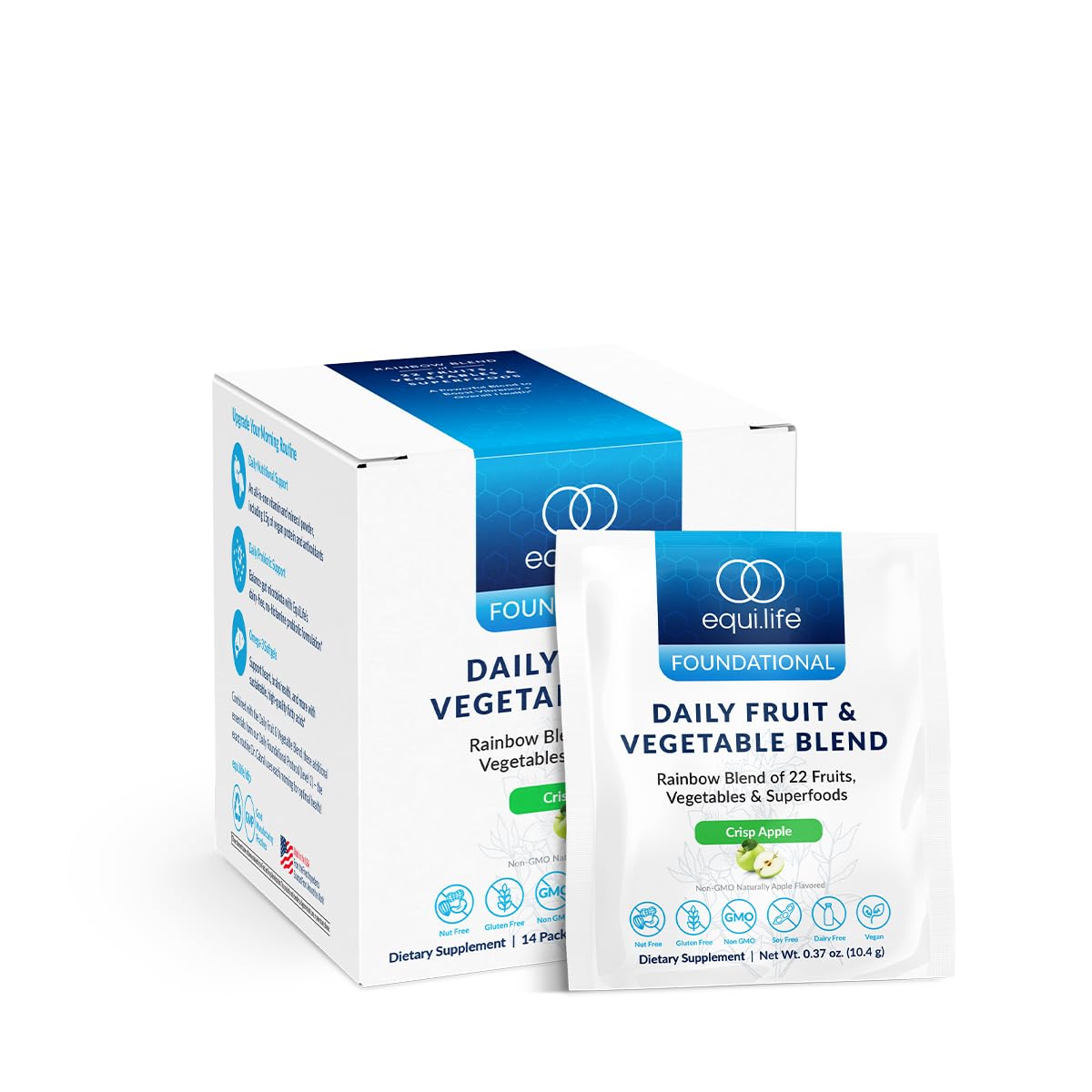Equilife Daily Fruit & Vegetable Blend, Superfood Antioxidant Supplement, Crisp Apple Flavor with Vitamin C, Fiber, and 9 Essential Amino Acids, Supports Energy, Vegan, 14 Single Serve Packets Equilife uk supplements
