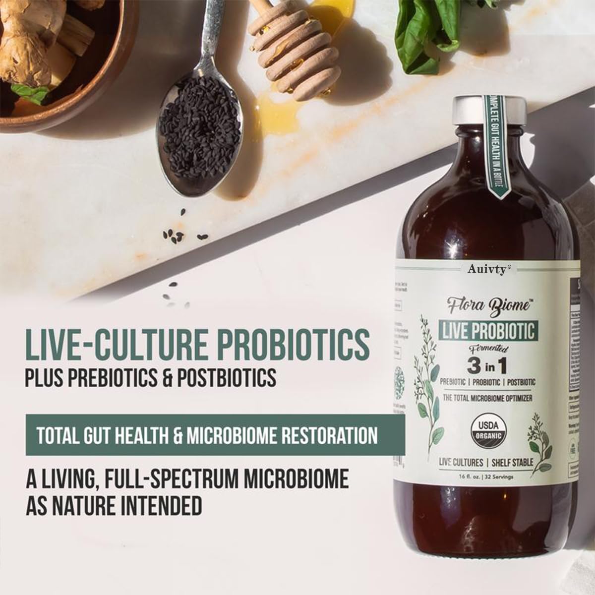 Auivty Flora Biome Live Probiotic Liquid, 3-in-1 Probiotic + Prebiotic + Postbiotic, 30 Billion CFU (at Time of Manufacture), 10 Strains, Fermented Herbal Blend with 18 Herbs, Shelf Stable, 16 fl oz Auivty uk supplements