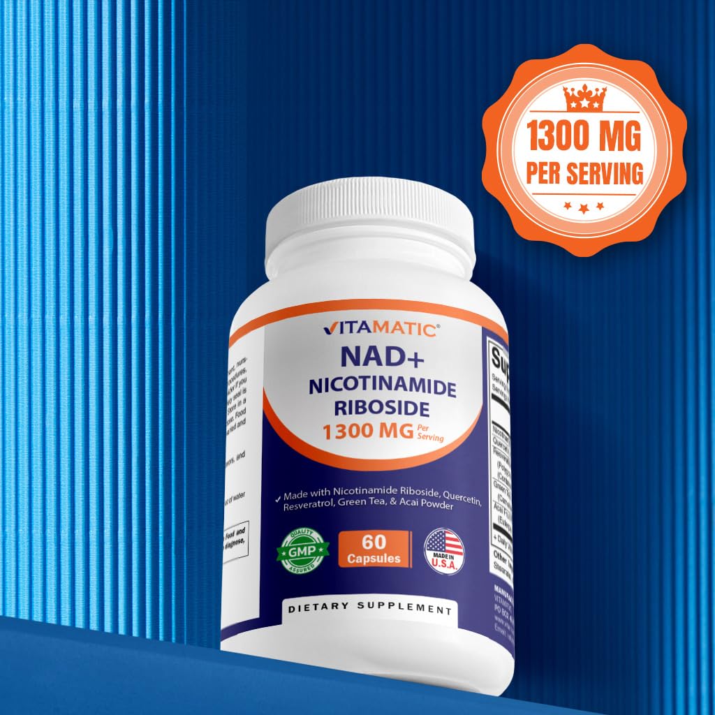 Vitamatic NAD Nicotinamide Riboside Supplement 1300mg 60 Ct - Support Healthy Aging, Cellular Energy Production, Made with Riboside, Quercetin, Resveratrol, Green Tea, & Acai Powder Vitamatic uk supplements