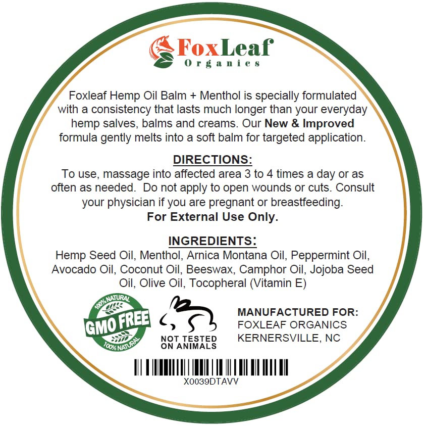 Hemp Oil Balm with Arnica, Camphor, Menthol & Peppermint, Herbal Cooling Balm for Muscles, Joints, Knees, Back & Body, Made in USA, 2oz FOXLEAF uk supplements