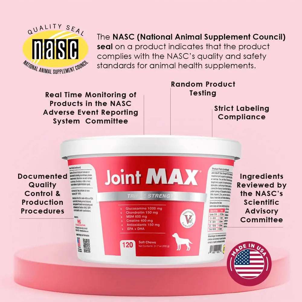 Joint Max TS Joint Supplement Vet Formulated Pain & Inflammation Relief Treats Hip Dysplasia & Arthritis, Glucosamine, Chondroitin, Turmeric, MSM, HA, Creatine, Omega 3 EPA + DHA.120 Soft Chews Joint Max uk supplements