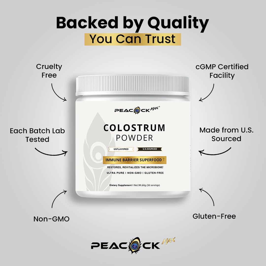 Peacock Max Colostrum Powder – 60g (30 Servings), Unflavored Bovine Colostrum Supplement, Superfood for Hair, Skin & Gut Health, Gluten-Free, Non-GMO Peacock Max uk supplements