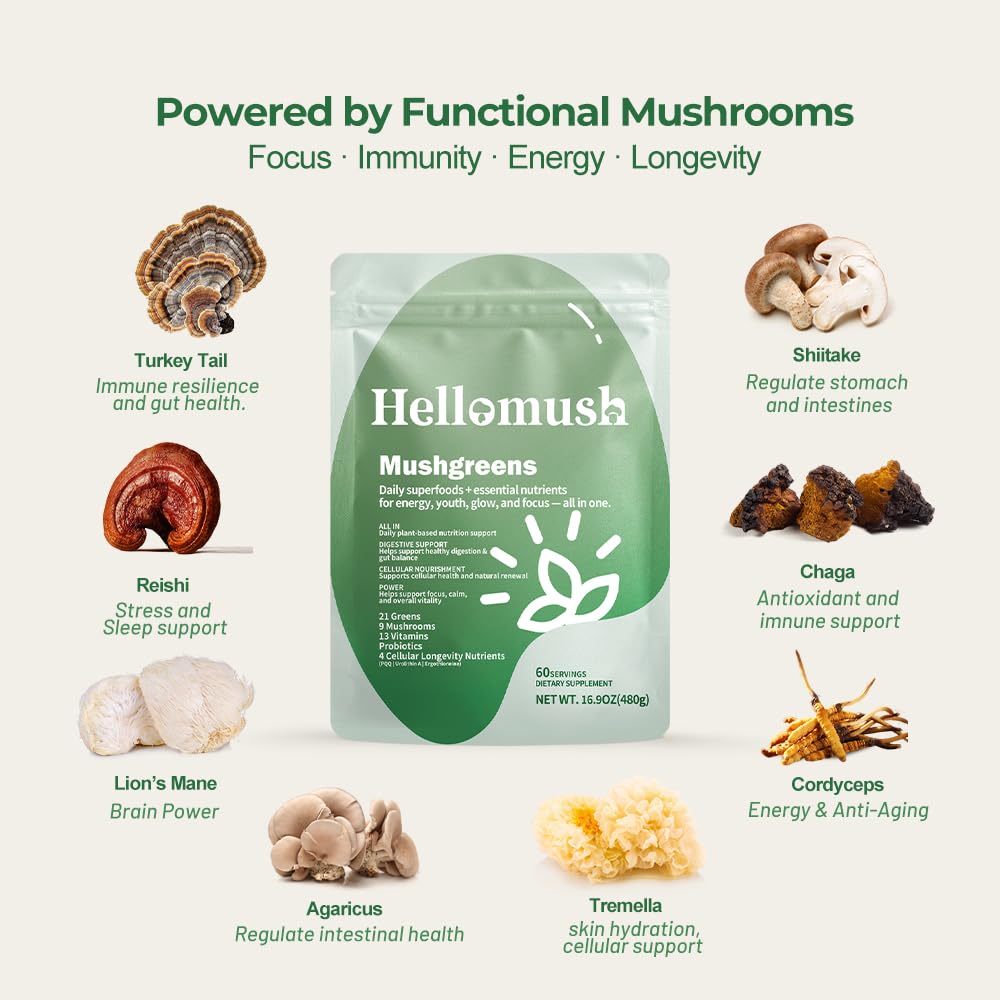 Hellomush Super Greens Powder Superfood, Daily Green Powder Supplement with Probiotics Drink Mix for Men & Women, Blend of Greens, Mushrooms, Vitamins, Probiotics and Cellular Nutrients Hellomush uk supplements