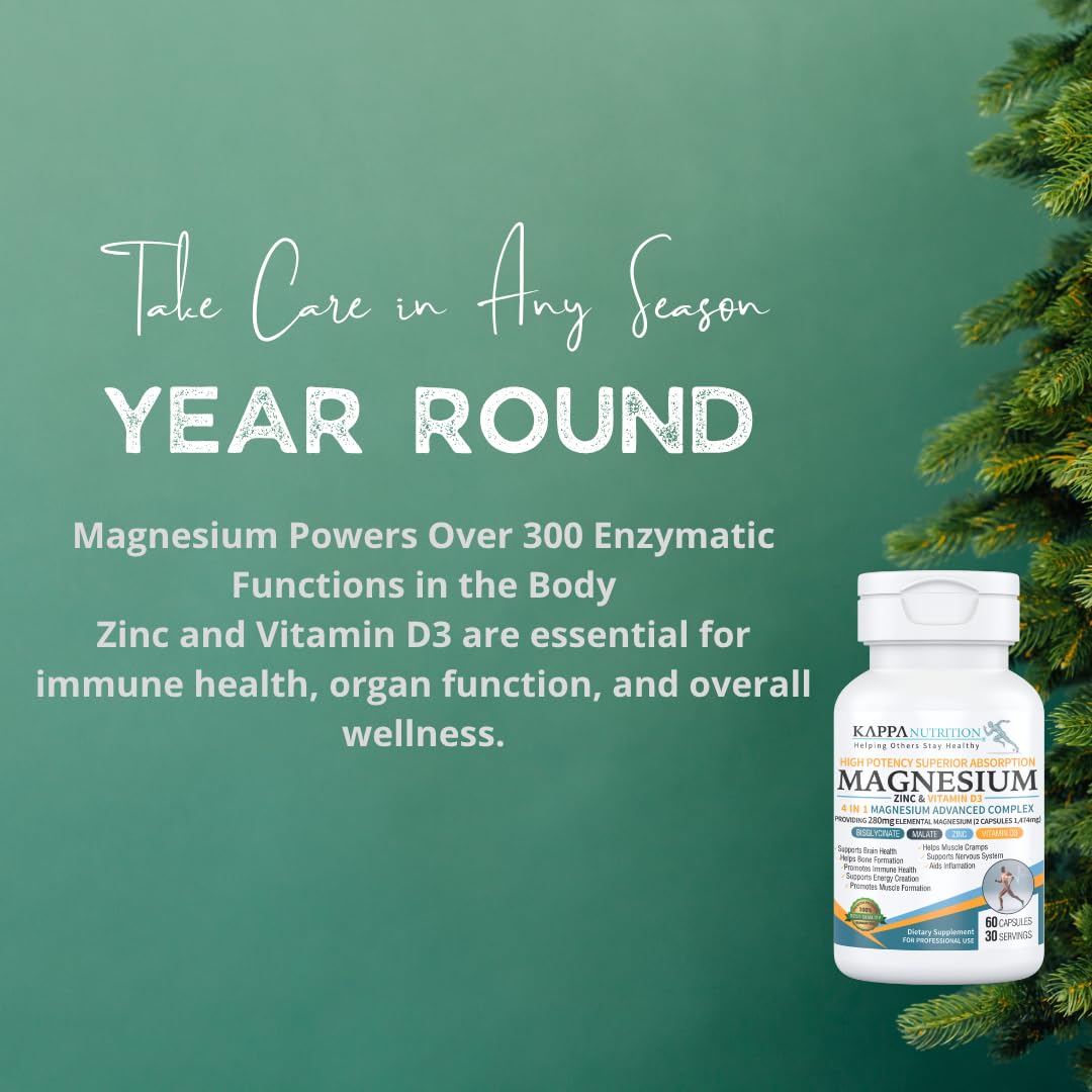 Kappa Nutrition Magnesium 4-in-1, 280mg Elemental Magnesium (Bisglycinate, Malate) + Zinc & Vitamin D3, Brain, Sleep, Energy, Muscle, Immune Support, 60 Vegan Capsules. KAPPA NUTRITION uk supplements