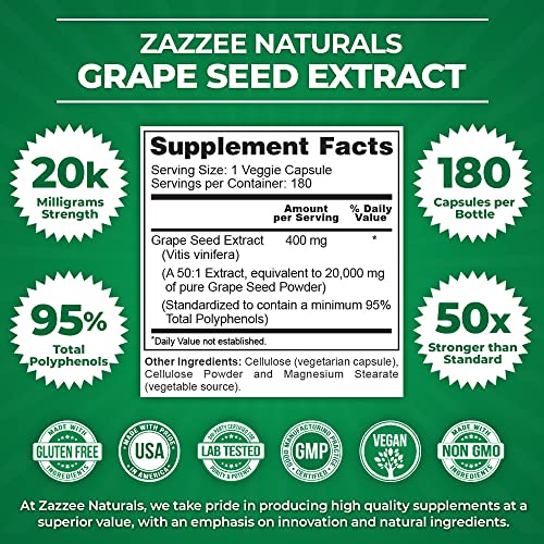 Zazzee High Strength Grape Seed 50:1 Extract, 20,000 mg Strength, 180 Vegan Capsules Zazzee uk supplements