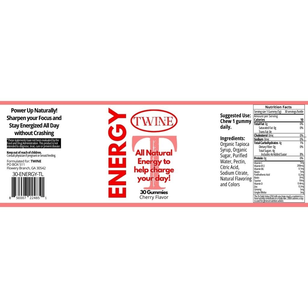 Energy Gummies with Vitamin B12, Ginseng & Ginkgo Biloba – Includes Biotin, Niacin, Taurine, Zinc, Pantothenic Acid, Vitamin C, D & B6 – 30 Count TWINE uk supplements