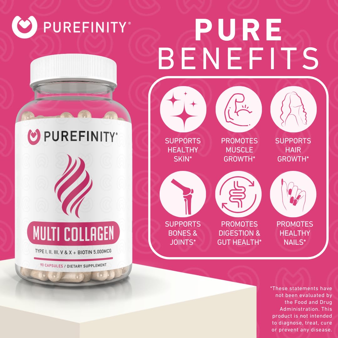 PUREFINITY Collagen Peptides for Women – Type I, II, III, V & X with Biotin & Hyaluronic Acid, Supports Healthy Skin, Bones, Hair & Nails – Non-GMO, Grass-Fed (90 Capsules, 1 Month Supply) PUREFINITY uk supplements