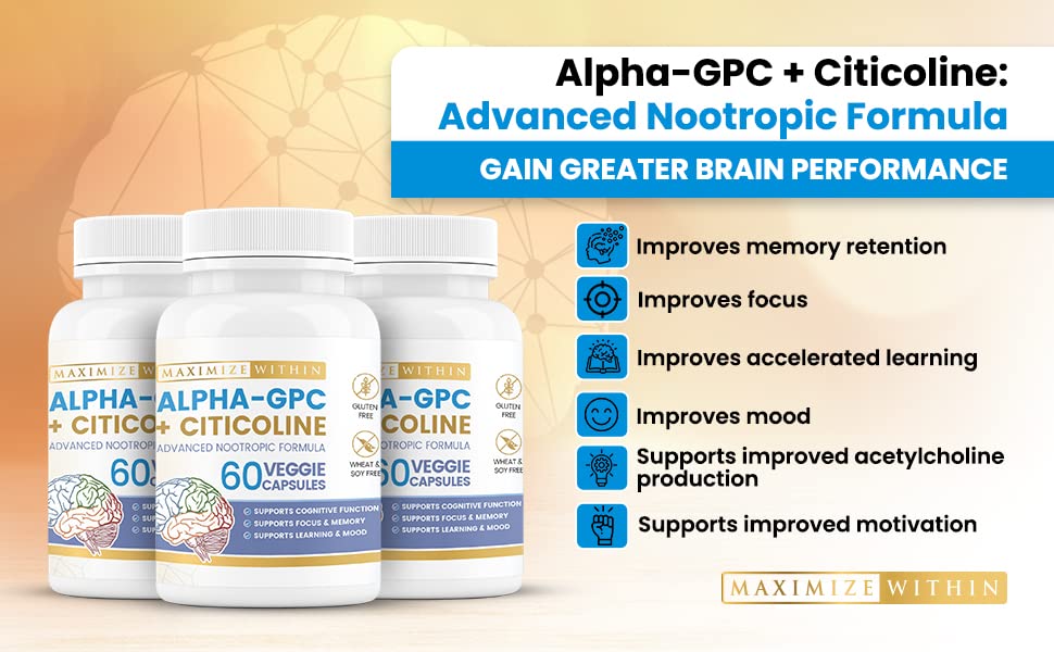 Maximize Within Alpha GPC + Citicoline 60 Ct, 1600mg Concentrated Formula- 99%+Highly Purified & Bioavailable Nootropic-Cognitive Enhancer, Supports Memory, Brain Function, Boosts Focus, Mood & Energy Maximize Within uk supplements