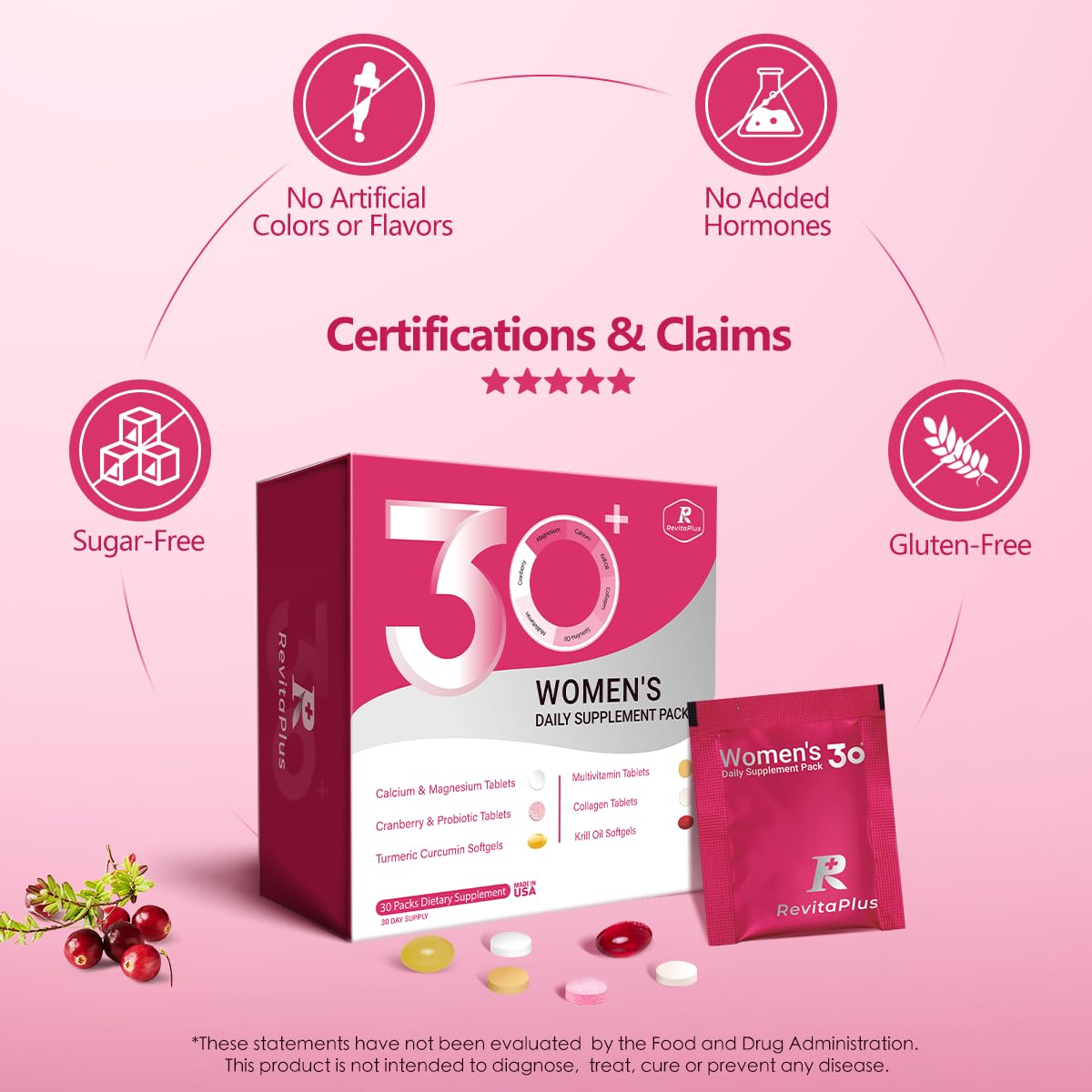 RevitaPlus Multivitamin for Women with Vitamin A,B,C,D3,E,K2,Biotin, Collagen,Krill Oil,Cranberries Supports Energy,Wellness,Beauty and Immune - Vitamin Packs for Women Health 30 Packs RevitaPlus uk supplements