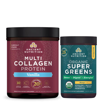 Ancient Nutrition Organic Supergreens Powder, Mango, 25 Servings + Multi Collagen Protein Powder, Vanilla, 60 Servings Ancient Nutrition uk supplements