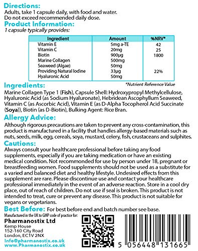 Marine Collagen with Hyaluronic Acid & Seaweed - 60 Capsules - Skin, Hair & Nails Formula Pharmanostix uk supplements