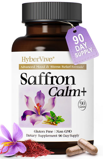 HyberVive Saffron Supplements with Ashwagandha & L-Theanine - 368.5MG - Mood Balance, Stress Relief & Mental Clarity – Cortisol Support for Women & Men, Made in USA, 90 Vegan Capsules HyberVive uk supplements