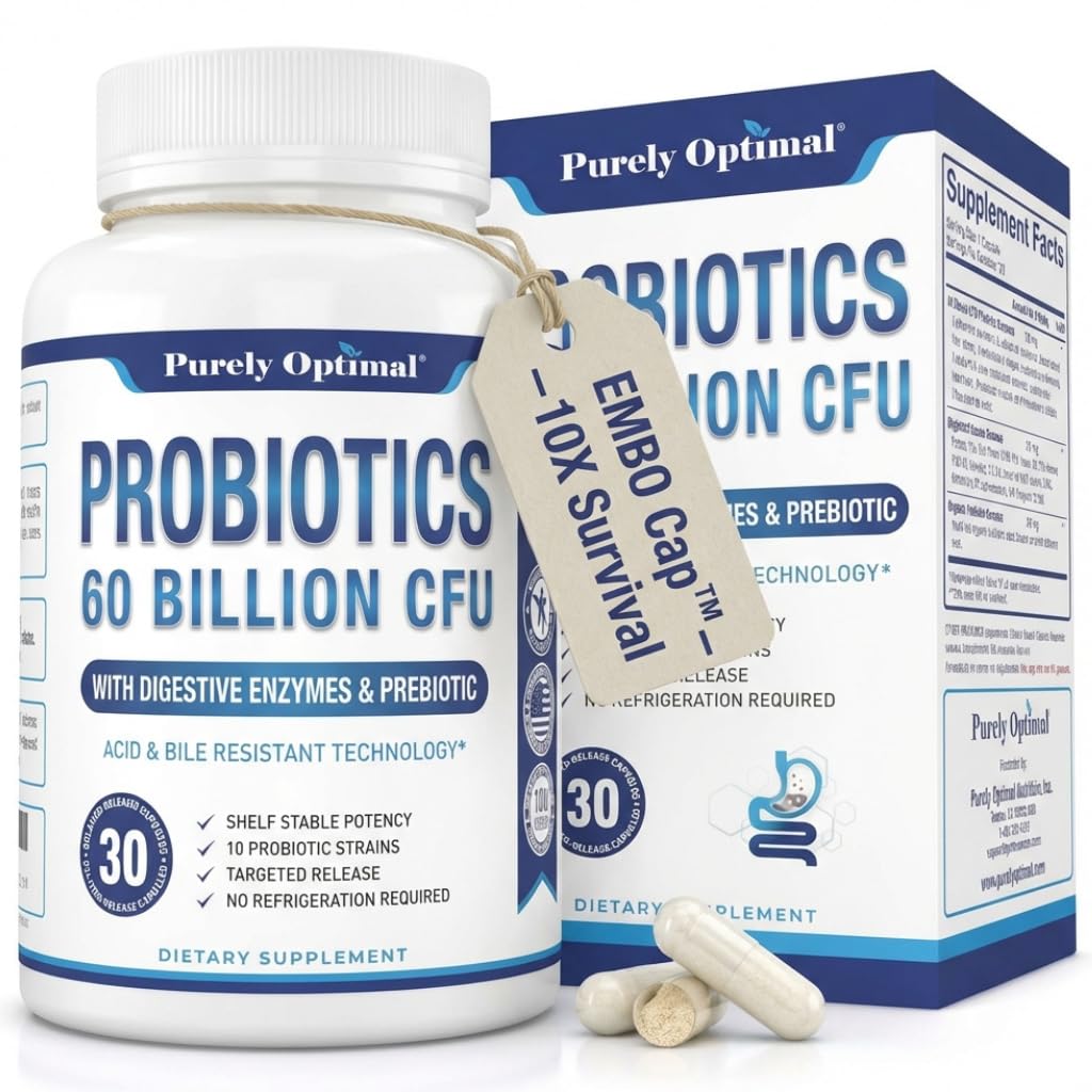 Purely Optimal Probiotics for Digestive Health, 60 Billion CFU – Delayed-Release with Digestive Enzymes & Organic Prebiotics – Bloating, Immune & Energy Support, 30 Caps Purely Optimal uk supplements