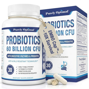 Purely Optimal Probiotics for Digestive Health, 60 Billion CFU – Delayed-Release with Digestive Enzymes & Organic Prebiotics – Bloating, Immune & Energy Support, 30 Caps Purely Optimal uk supplements