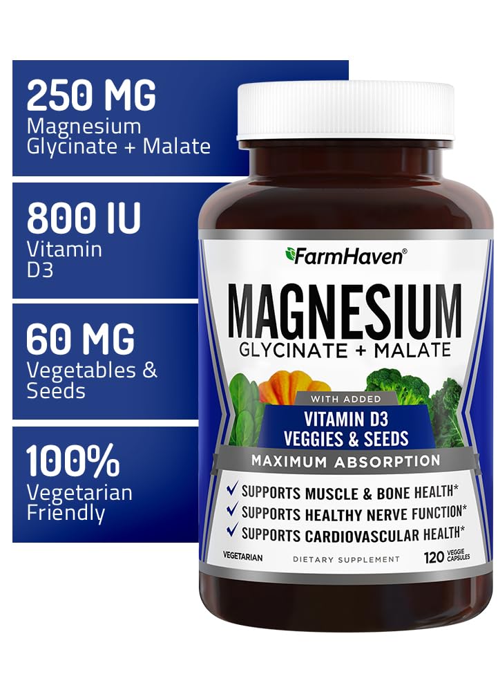 FarmHaven Magnesium Complex –Magnesium Glycinate & Malate w/Vitamin D3, 100% Chelated for Max Absorption, Vegetarian – Bone Health, Nerves, Muscles, 120 Capsules, 60 Days FarmHaven uk supplements