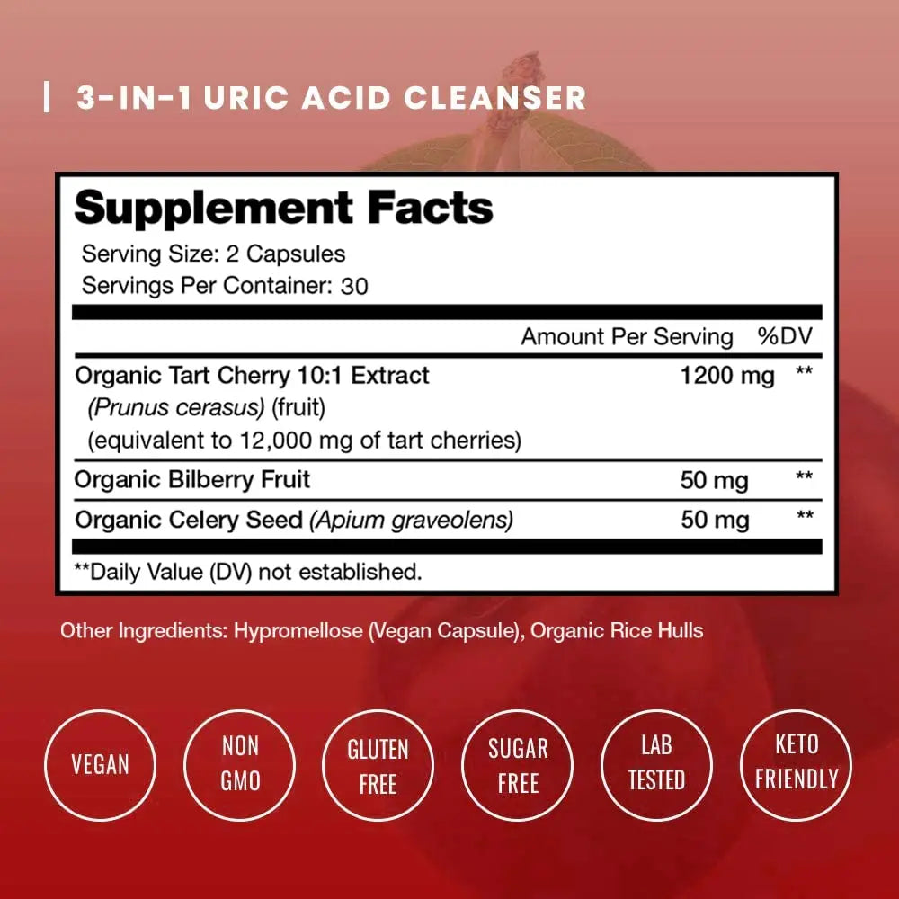 NutraChamps Organic Tart Cherry Extract Capsules - Made from Montmorency Tart Cherry Concentrate, Celery Seed & Bilberry - Uric Acid Cleanse & Joint Support - Vegan Capsules NutraChamps uk supplements