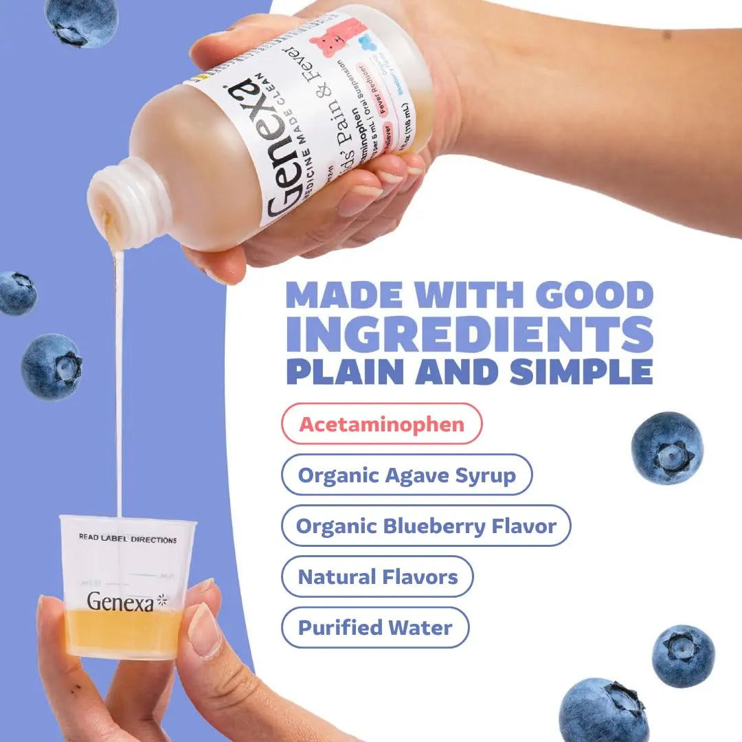 Genexa Children's Clean Acetaminophen | Pediatrician Preferred Ingredients | Pain & Fever Reducer for Kids | Dye Free, 0% Artificial Additives | Ages 2-11, Delicious Organic Blueberry Liquid, 4 fl oz Genexa uk supplements