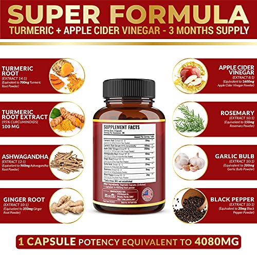 7 in 1 Turmeric Curcumin + Apple Cider Vinegar Capsules, Equivalent to 4080mg Zolotus uk supplements